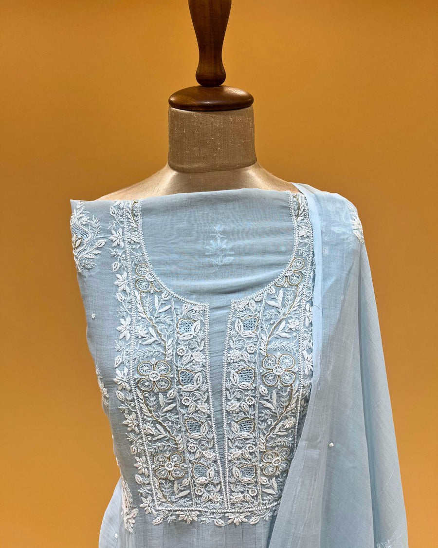 Mul Chikankari Unstitched 2pc Suit - Clear Sky