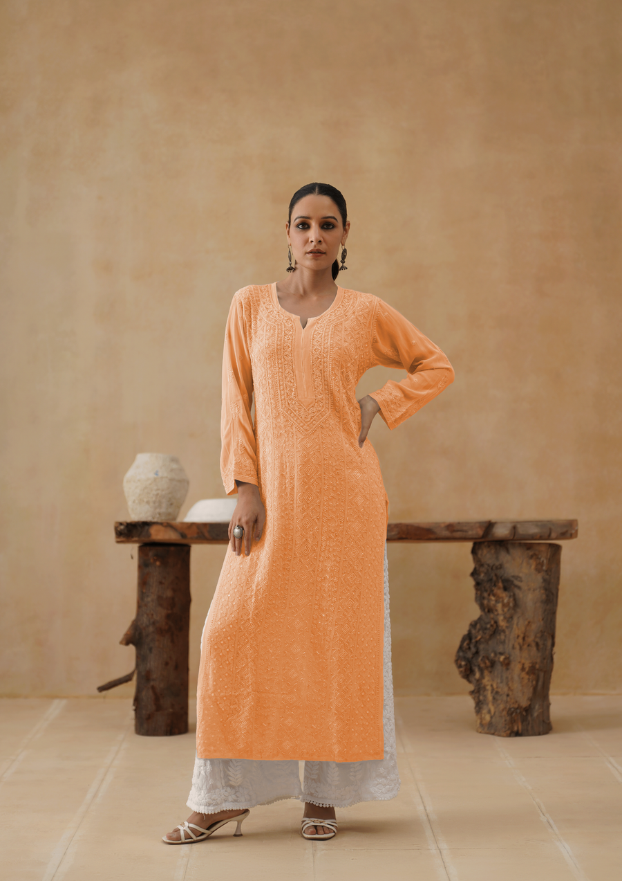 Georgette Chikankari Long Kurti - Peach