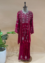 Velvet Chikankari Semistitched Sharara Set - Magenta Pink