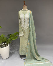Banarsi Chanderi Chikankari Semistitch 2pc Suit - Tomatillo Green