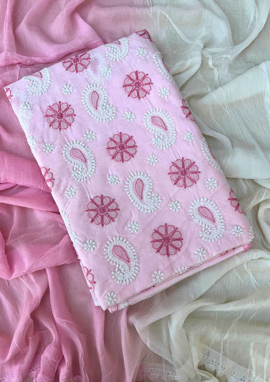 Cotton Chikankari Unstitched Suit - Shades of pink