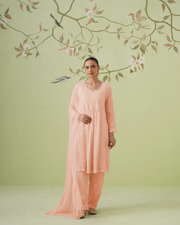 Chikankari Viscose Short Kurta Suit Set - Ombre Peach