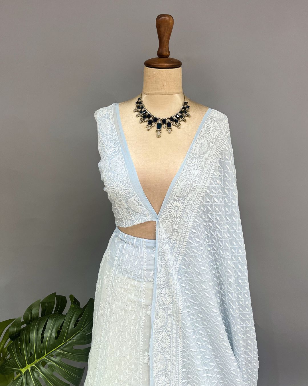 Mul Chanderi Chikankari Unstich Lehenga - Powder Blue