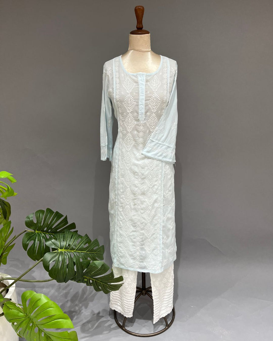 Mul Cotton Chikankari Long Kurti - Powder Blue