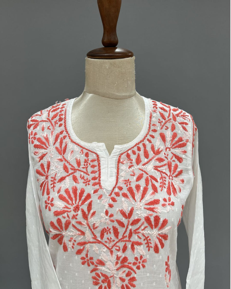 Cotton Chikankari Short Kurti - White & Red
