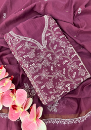 Chikankari Mul Chanderi Unstitched 2Pc Suit - Plum