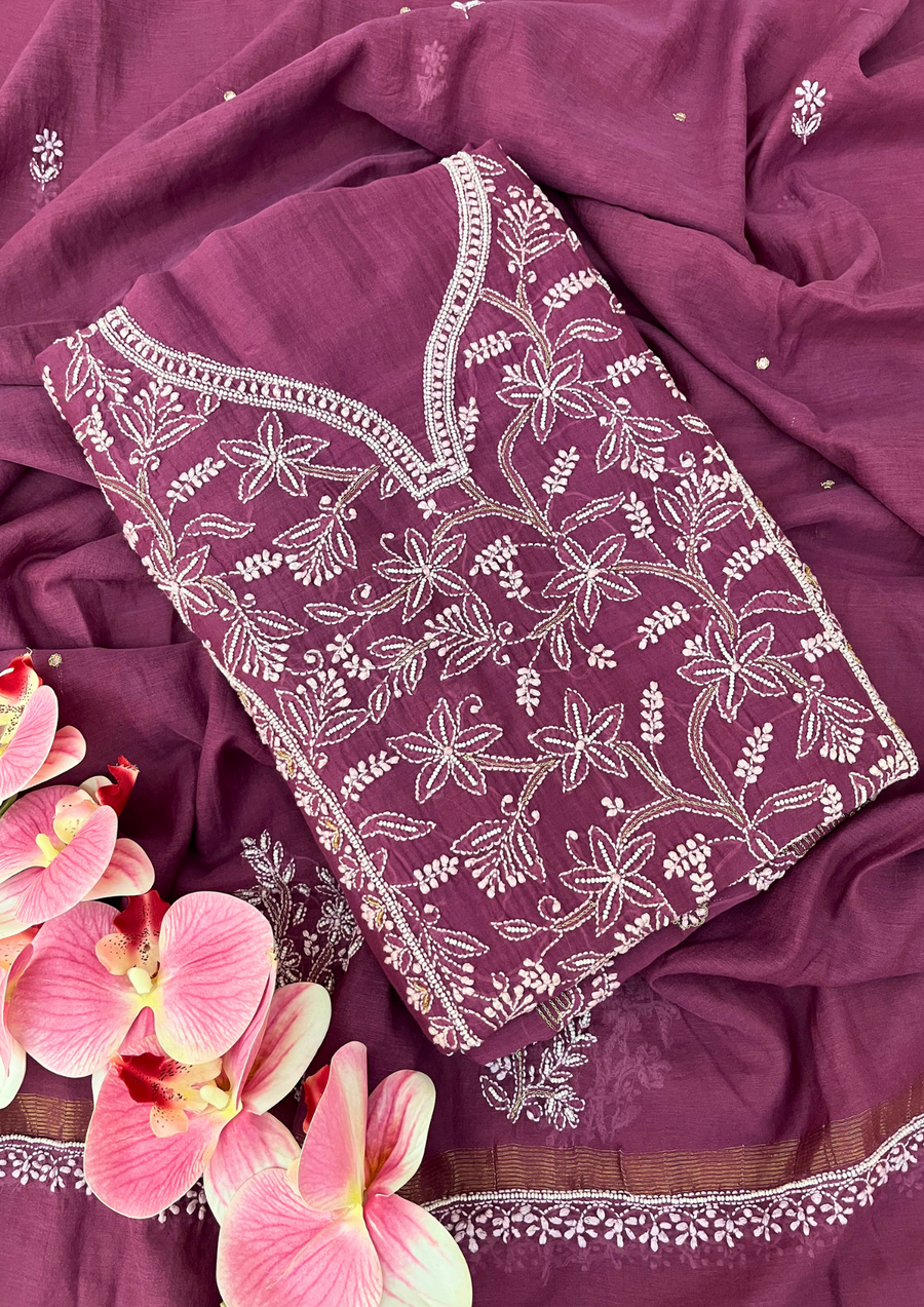 Chikankari Mul Chanderi Unstitched 2Pc Suit - Plum