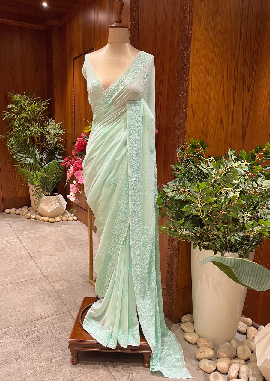 Chikankari Viscose Saree - Mint Green