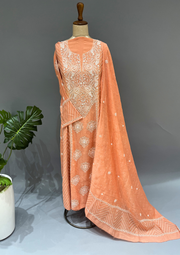 Chikankari Mul Chanderi Anarkali Set- Rust Orange