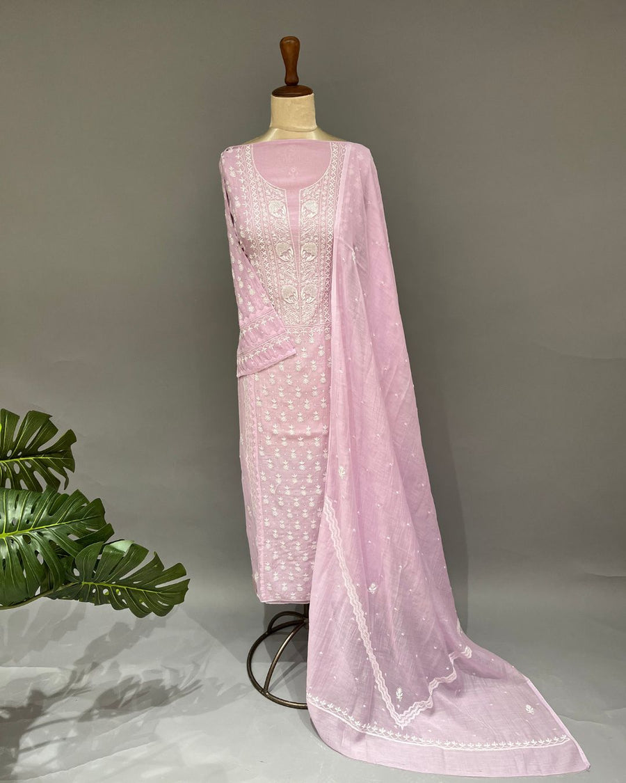 Mul Chanderi Chikankari Unstitched 2pc Suit - Mauve