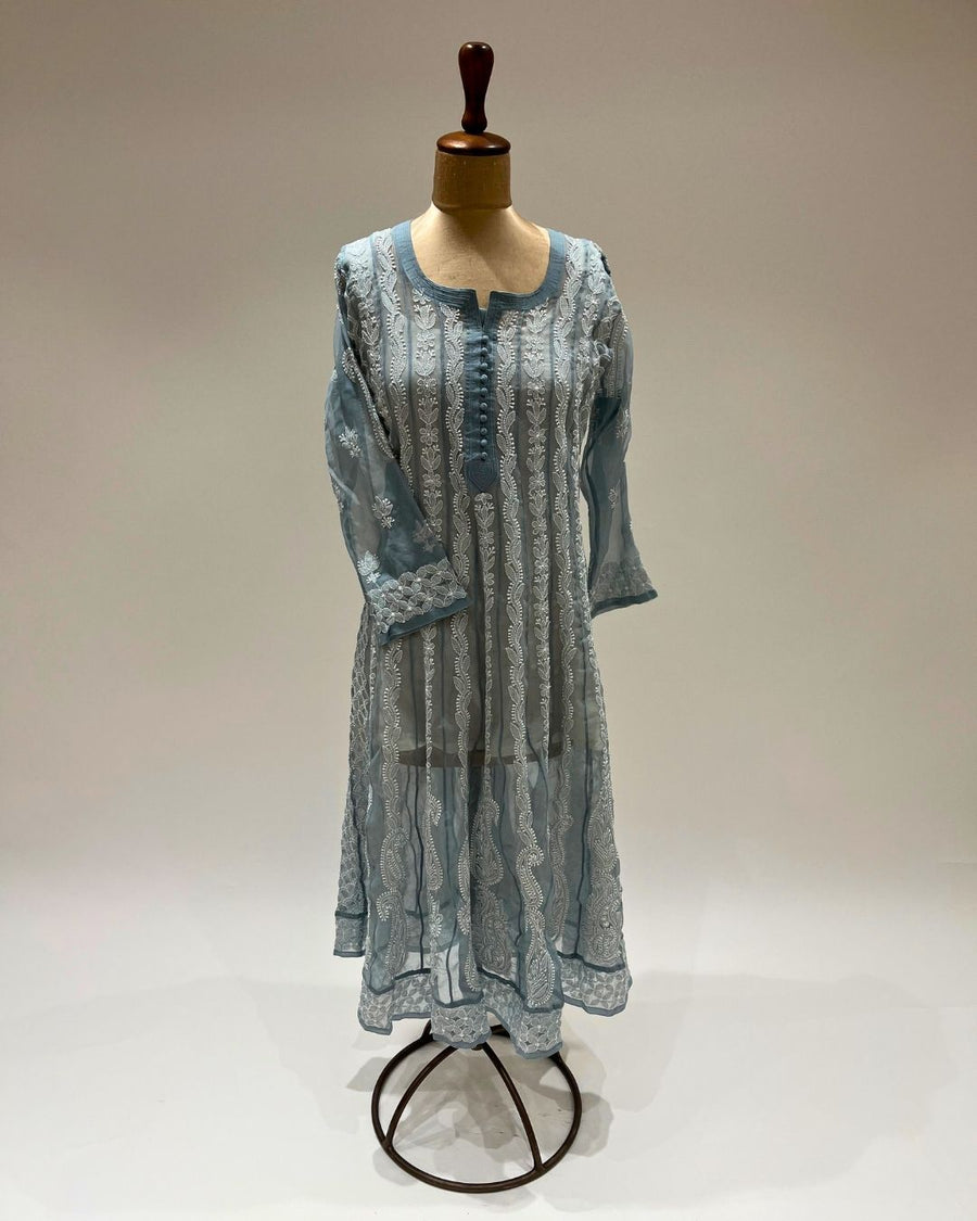 Georgette Anarkali Chikankari Kurta - Riple Blue