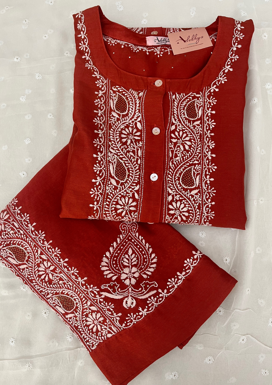 Chikankari Semistitched Chanderi Co-ord Set - Blood Red