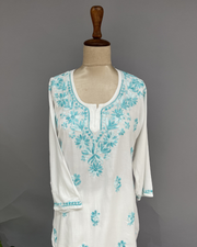 Rayon Chikankari Short Kurti - White and Sea Blue