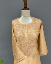 Chanderi Chikankari Long Kurti - Golden Peach