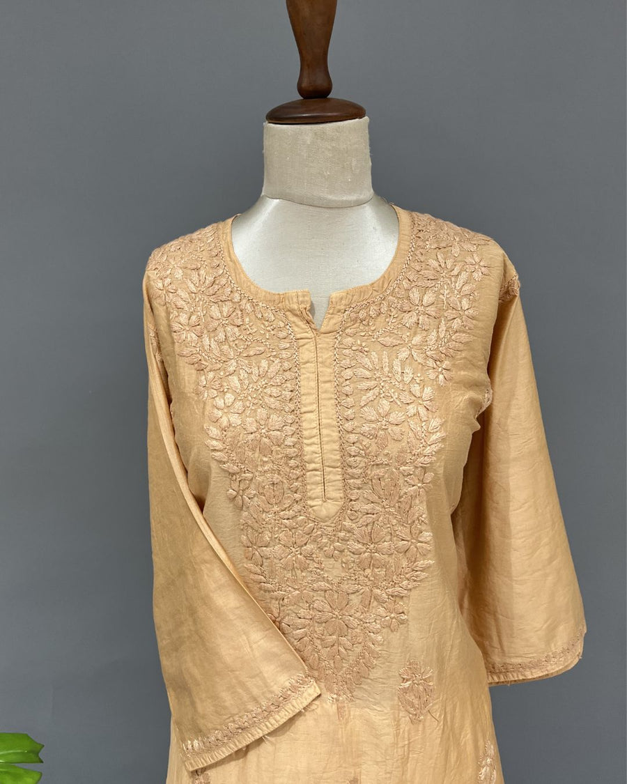 Chanderi Chikankari Long Kurti - Golden Peach