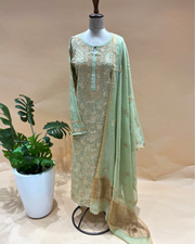 Chikankari Semistitched Tissue Straight Suit Set  - Jade Green