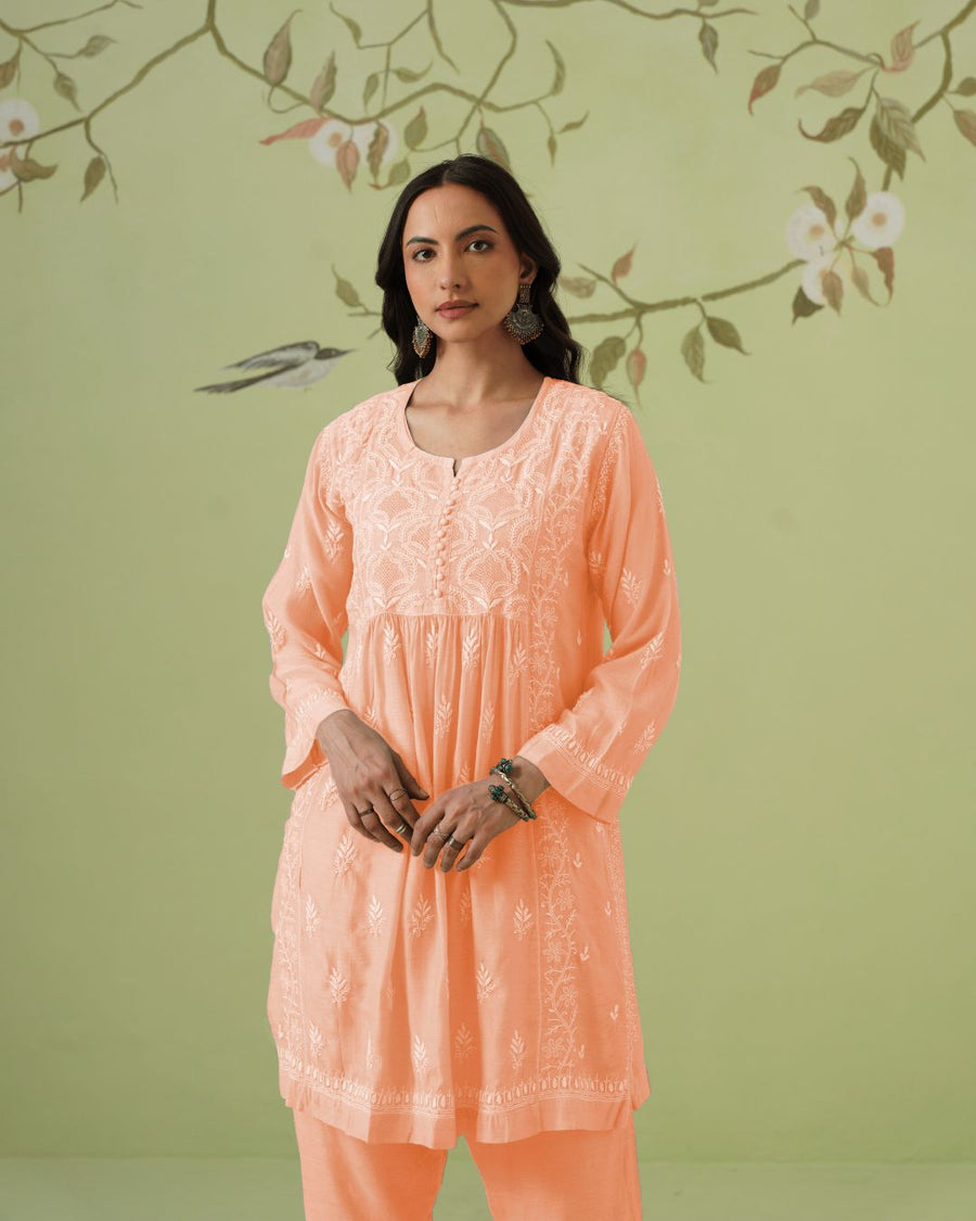 Muslin Chikankari Co-ord Set - Peach Pearl