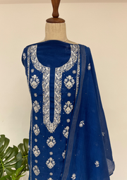 Mul Chanderi Chikankari unstitched Suit - Navy Blue