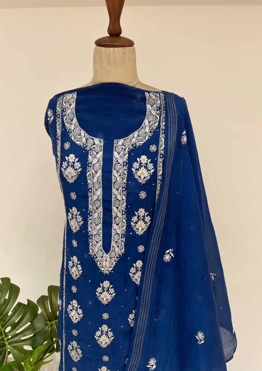 Mul Chanderi Chikankari unstitched Suit - Navy Blue