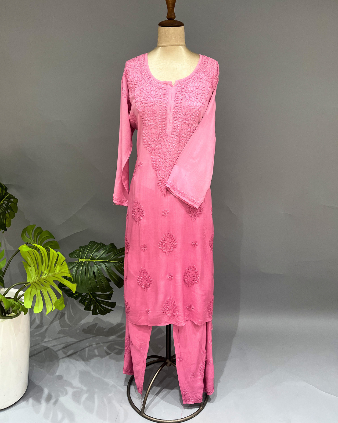 Rayon Chikankari Kurta and Bottom set - Taffy Pink