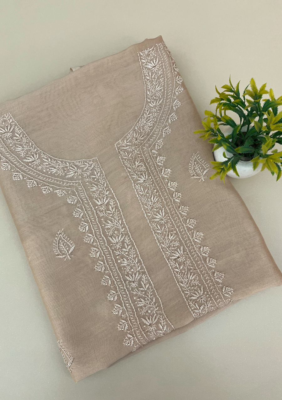 Chanderi Chikankari Unstitched Mens Kurta - Beige