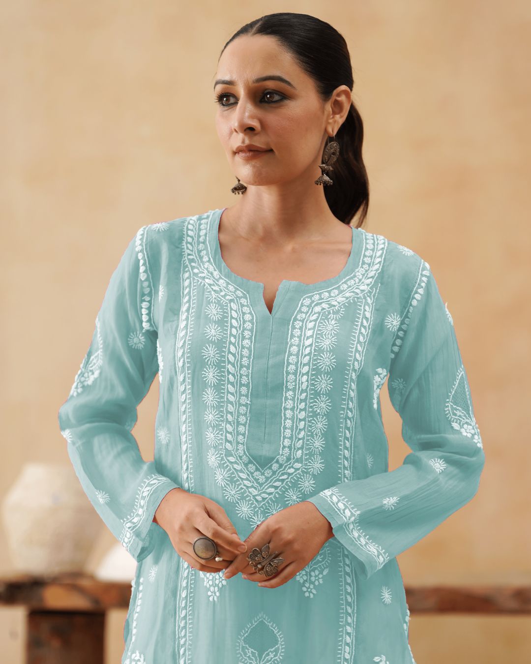 Mul Chikankari Long Kurti - Sea Blue
