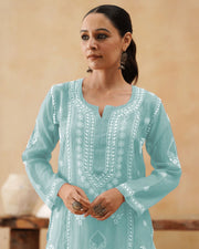 Mul Chikankari Long Kurti - Sea Blue