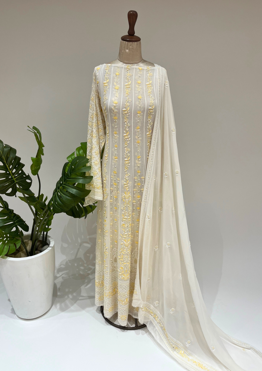 Pure Georgette Semistitched Chikankari Anarkali - White