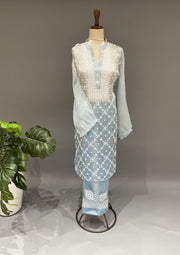 Organza Chikankari Semistitch Co-ord Set - Powder Blue