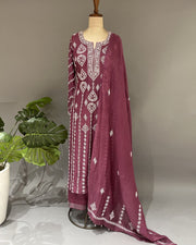 Mul Chanderi Chikankari Stitch 3 pc Suit - Wine
