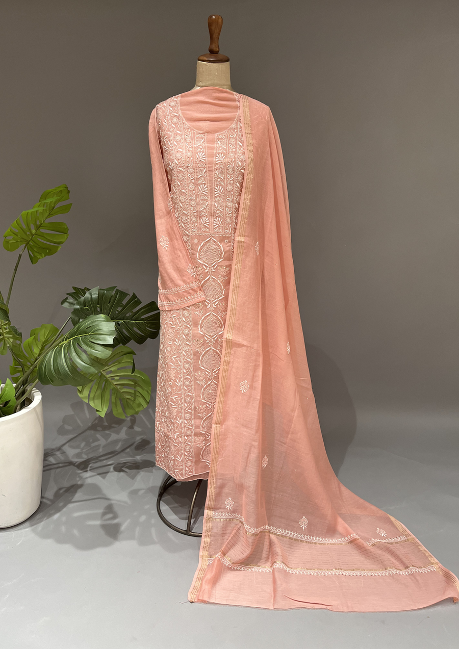 Chikankari Mul Unstitched Kurta And Dupatta Set - Rose Gold