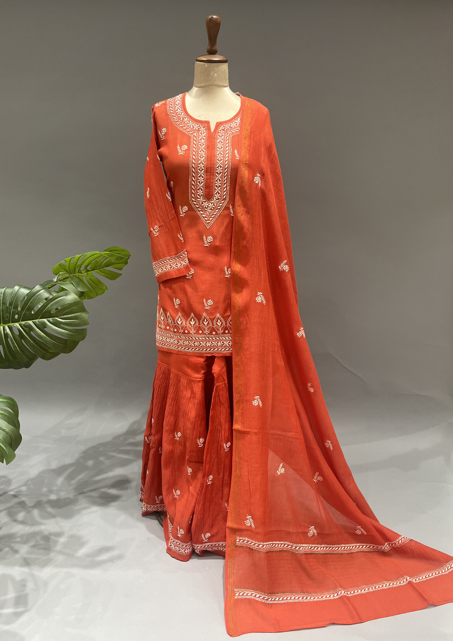 Chikankari Mul Chanderi Sharara Suit SET - Vermillion Orange