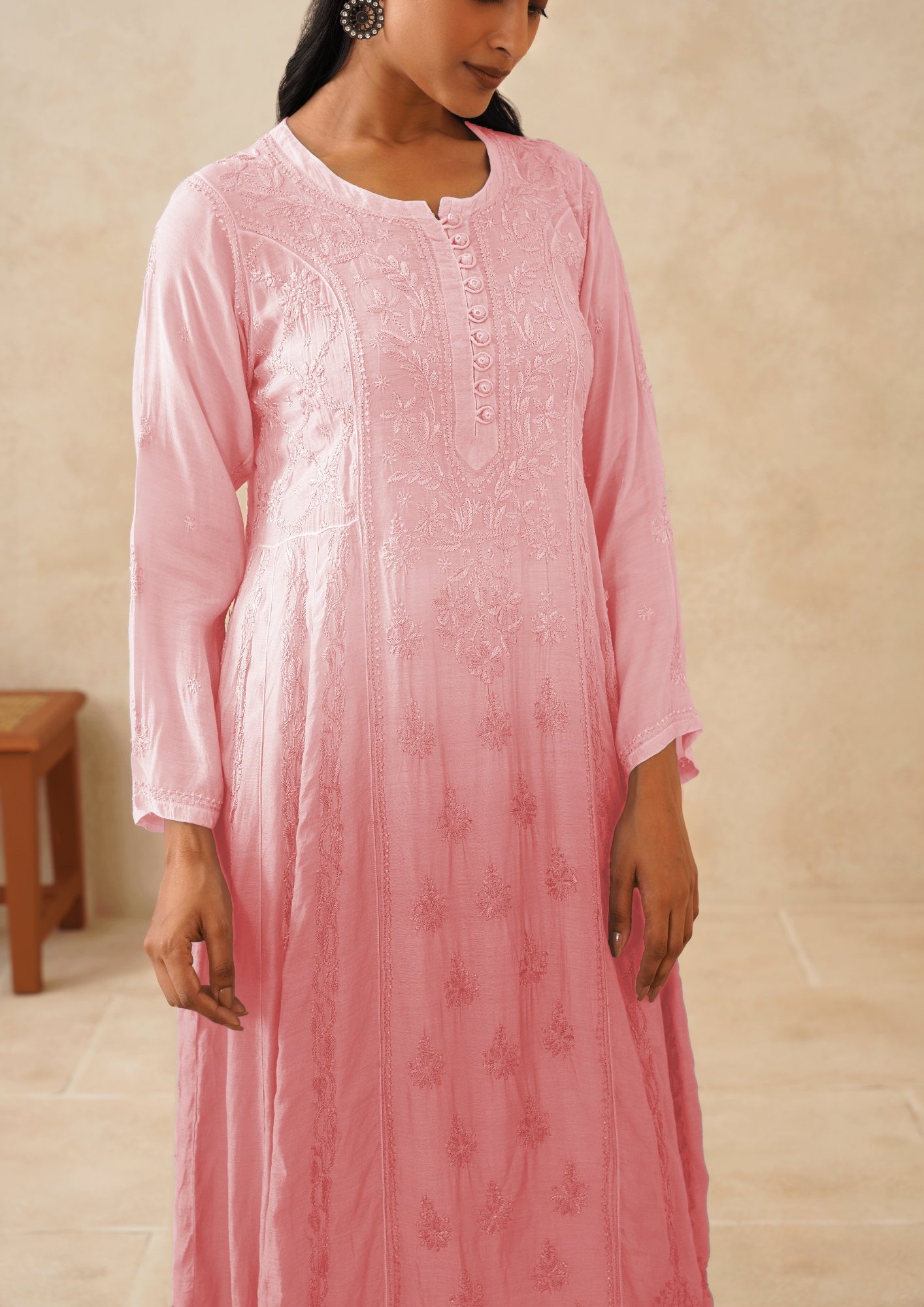 Muslin Chikankari A-line Long Kurti- Ombre Pink Cosmos