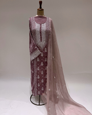 Velvet Chikankari Unstitched 2pc Suit Set - Dusty Rose