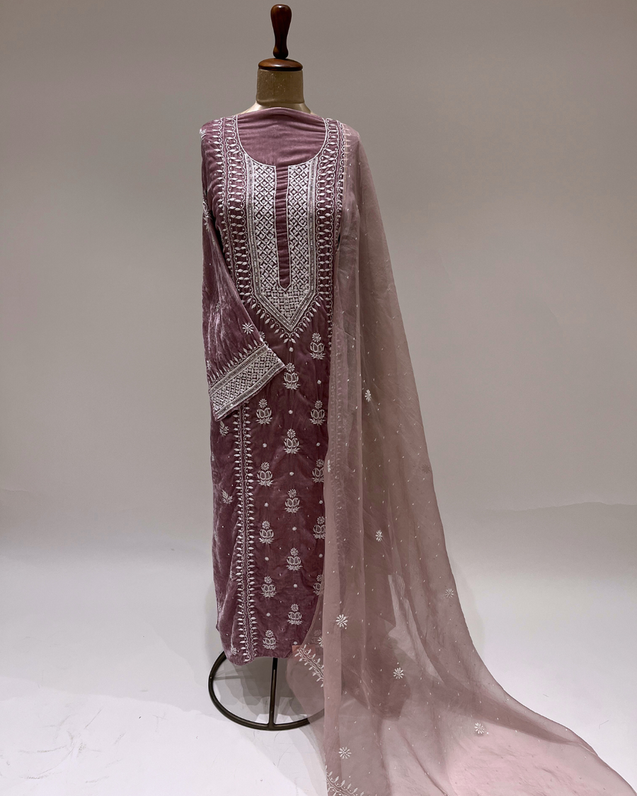 Velvet Chikankari Unstitched 2pc Suit Set - Dusty Rose