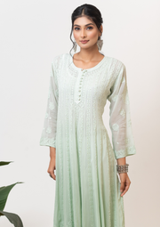 Georgette Chikankari A-line Kurta - Ombre Green