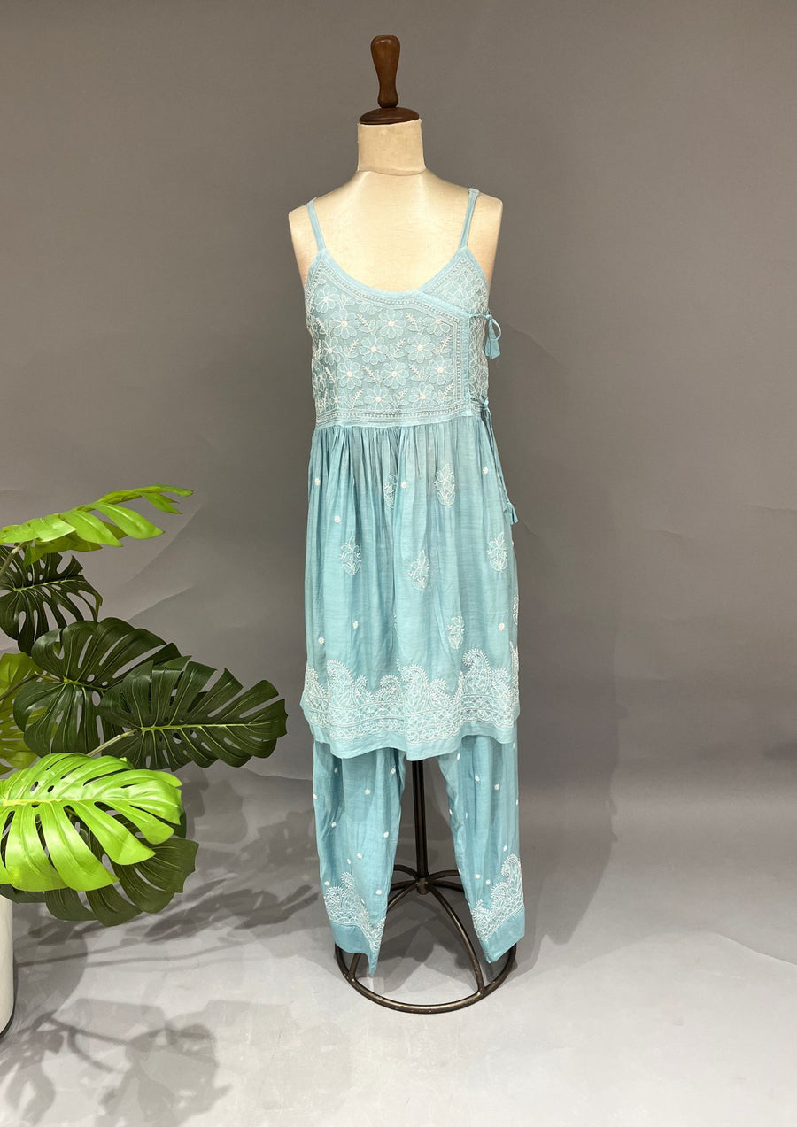 Muslin Chikankari Co-ord Set - Baby Blue