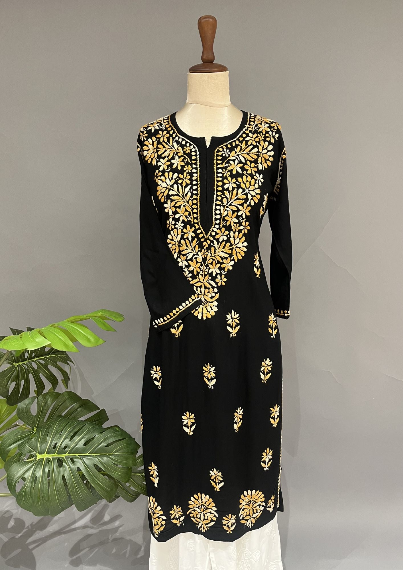 Rayon Chikankari Kurti - Black & Orange