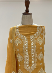 Mul Chanderi Chikankari Unstitched Suit - Mustard Yellow