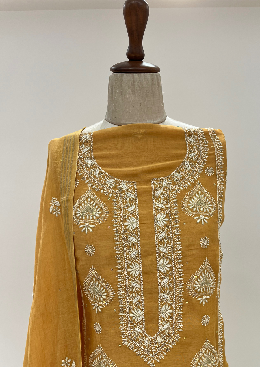 Mul Chanderi Chikankari Unstitched Suit - Mustard Yellow