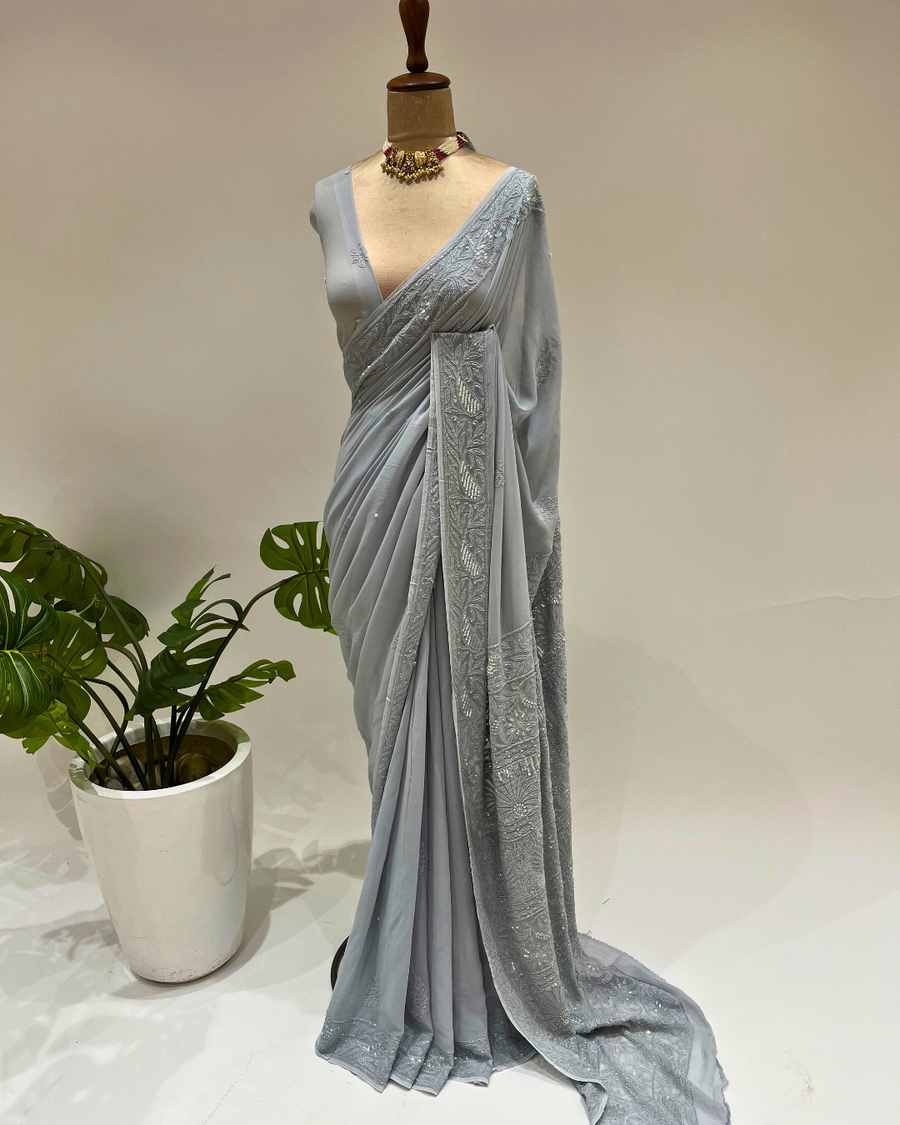Chikankari Viscose Saree - Pearl Blue
