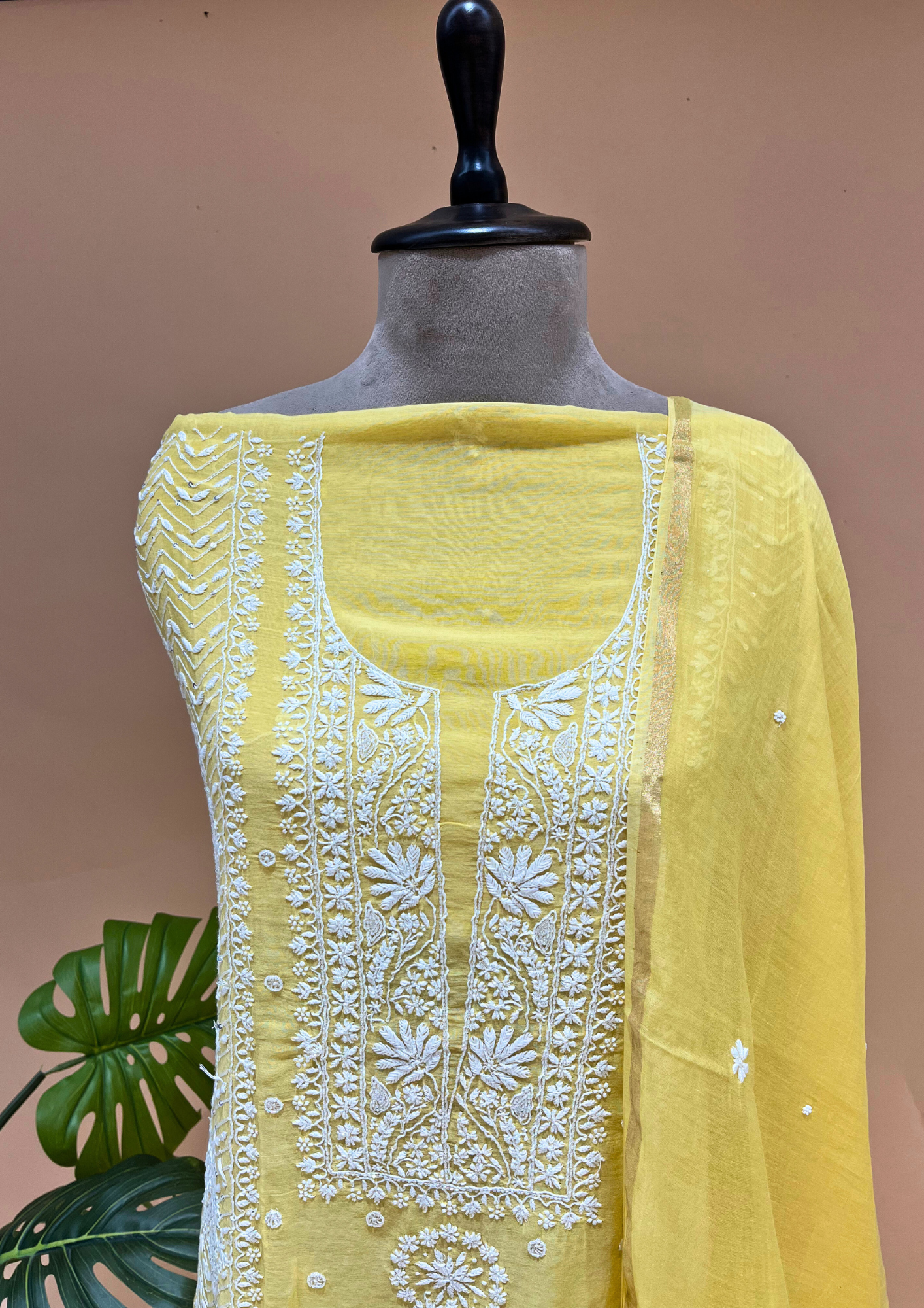 Chikankari Mul Chanderi Unstitched 2pc Suit - Sunshine Yellow