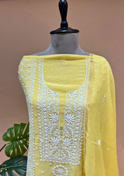 Chikankari Mul Chanderi Unstitched 2pc Suit - Sunshine Yellow