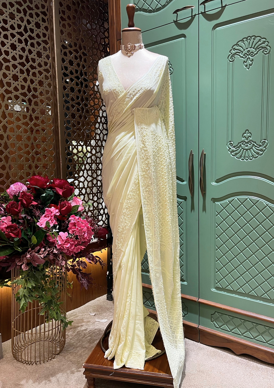 Chikankari Viscose Saree - Lime Yellow