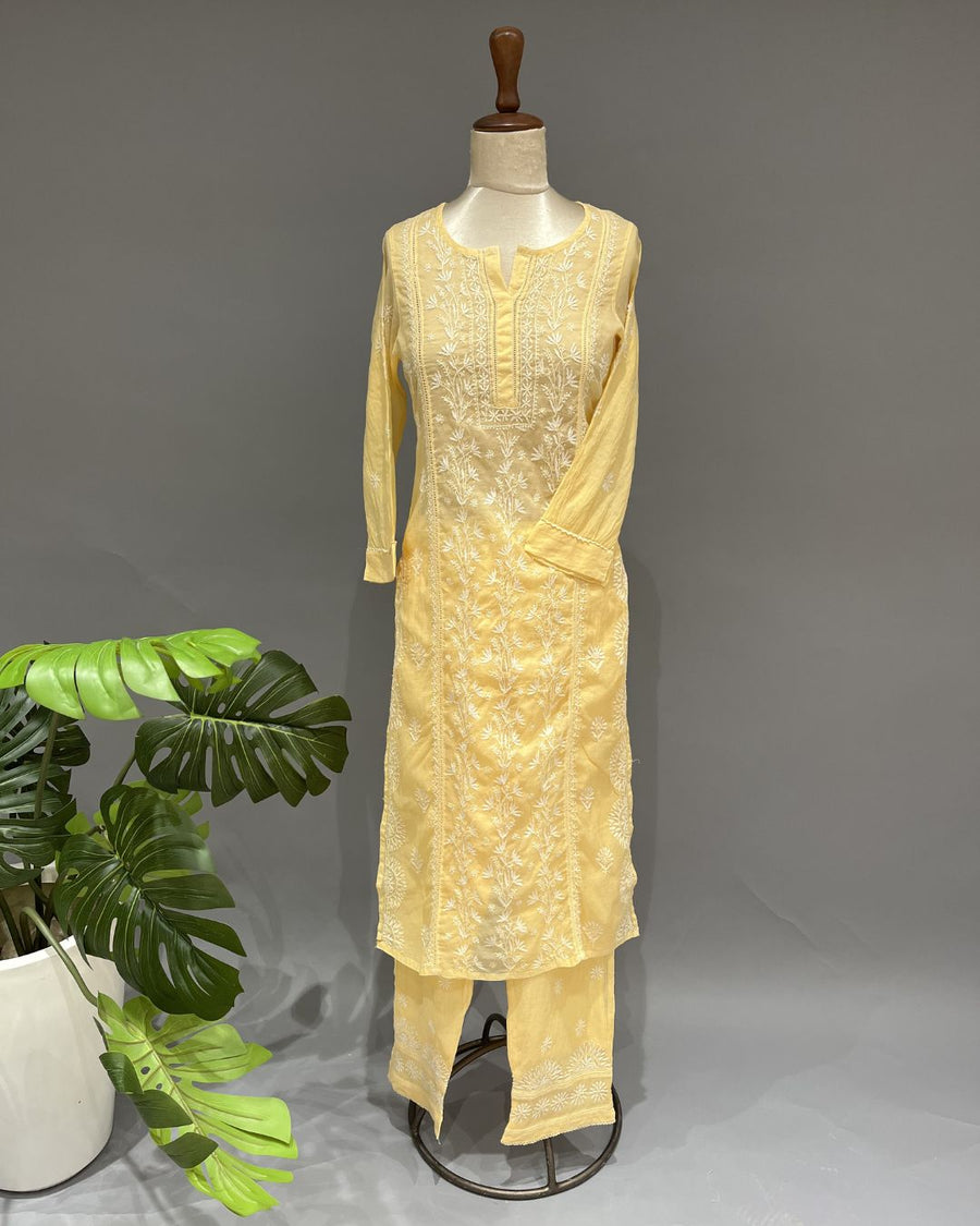 Chanderi Chikankari Co-ord Set - Banana Yellow