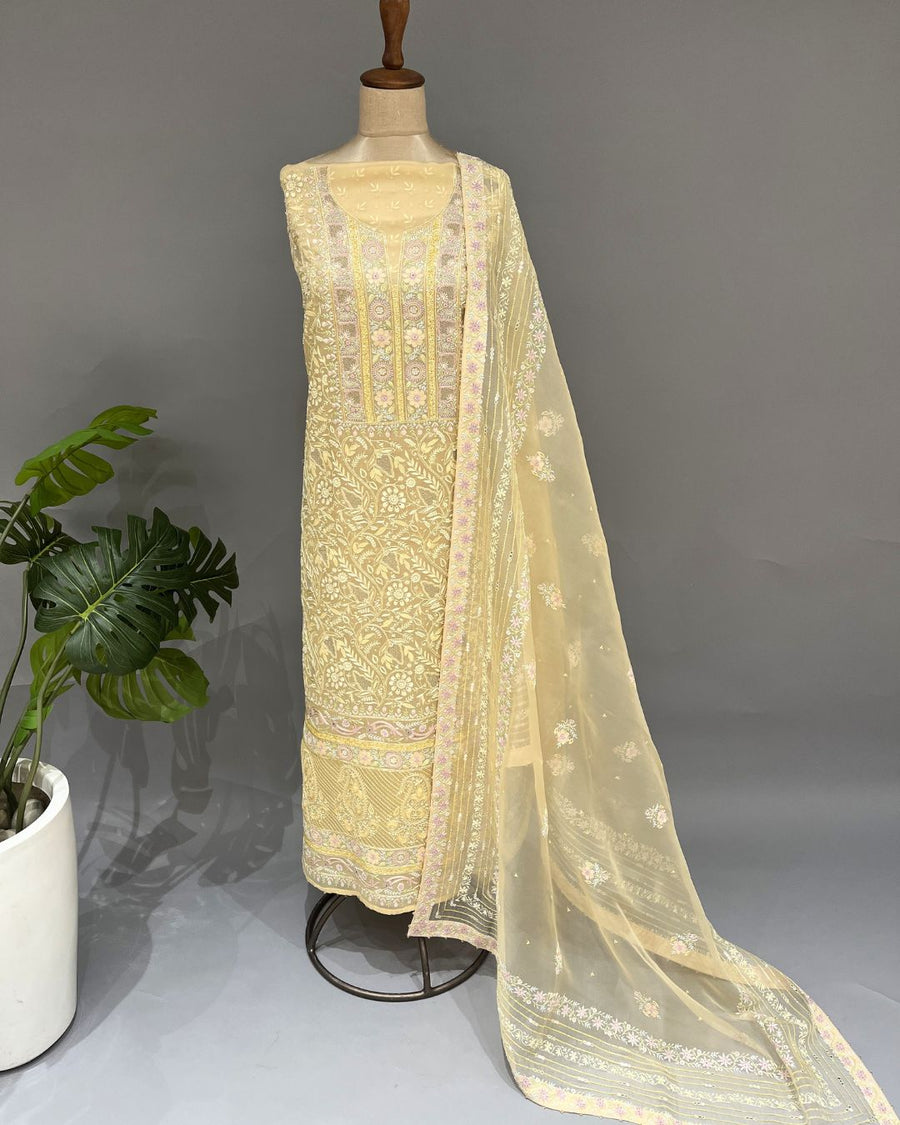 Chikankari Organza Unstitched Suit - Lemon Yellow