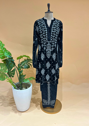 Velvet Chikankari Semistitched Co-ord Set - Black