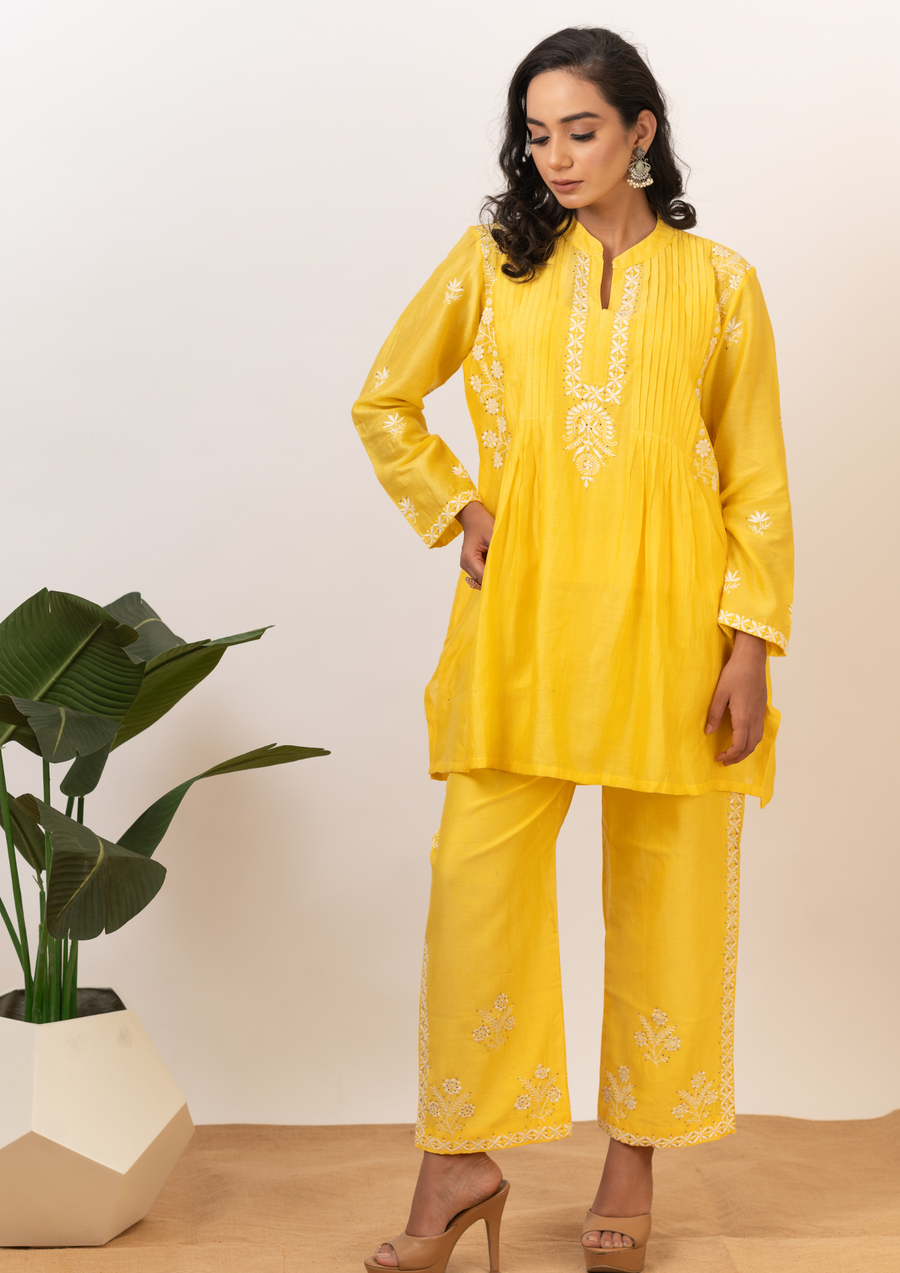 Chanderi chikankari coord set - bright yellow