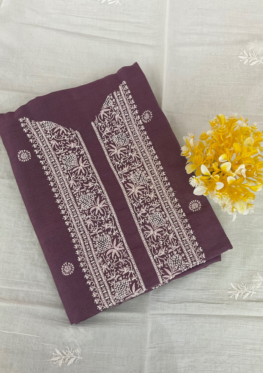 Silver Tissue Chikankari Unstitched Mens Kurta - Mellow Mauve