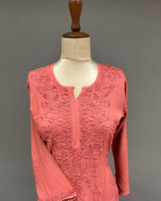 Rayon Chikankari Kurta and Bottom set - Coral Red